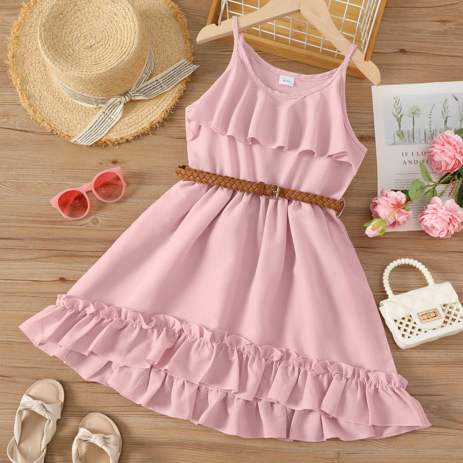 2pcs Kind Mädchen Rüschen unregelmäßiger Saum rosa Unterkleid und Gürtel rosa