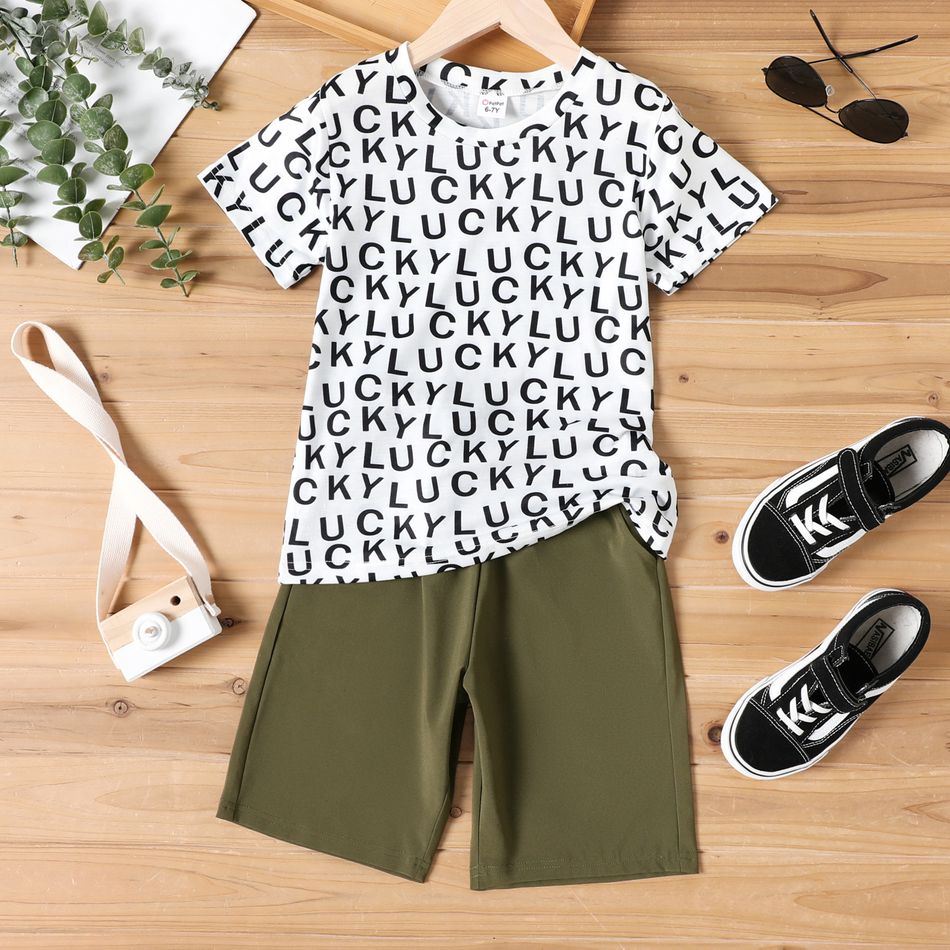2pcs Kid Boy Letter Allover Print Short-sleeve Tee and Elasticized Shorts Set White big image 1