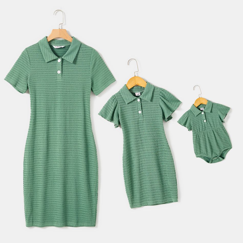Green Textured Short-sleeve Button Up Bodycon Dress for Mom and Me Green