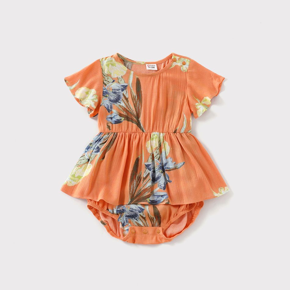 Family Matching Allover Floral Print Coral V Neck Ruffle-sleeve Wrap Dresses and Colorblock Short-sleeve Cotton T-shirts Sets Coral big image 12