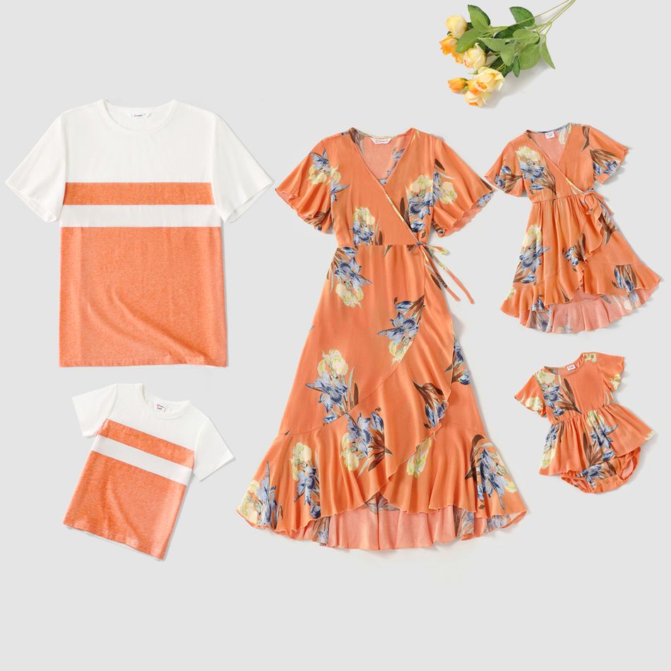 Family Matching Allover Floral Print Coral V Neck Ruffle-sleeve Wrap Dresses and Colorblock Short-sleeve Cotton T-shirts Sets Coral