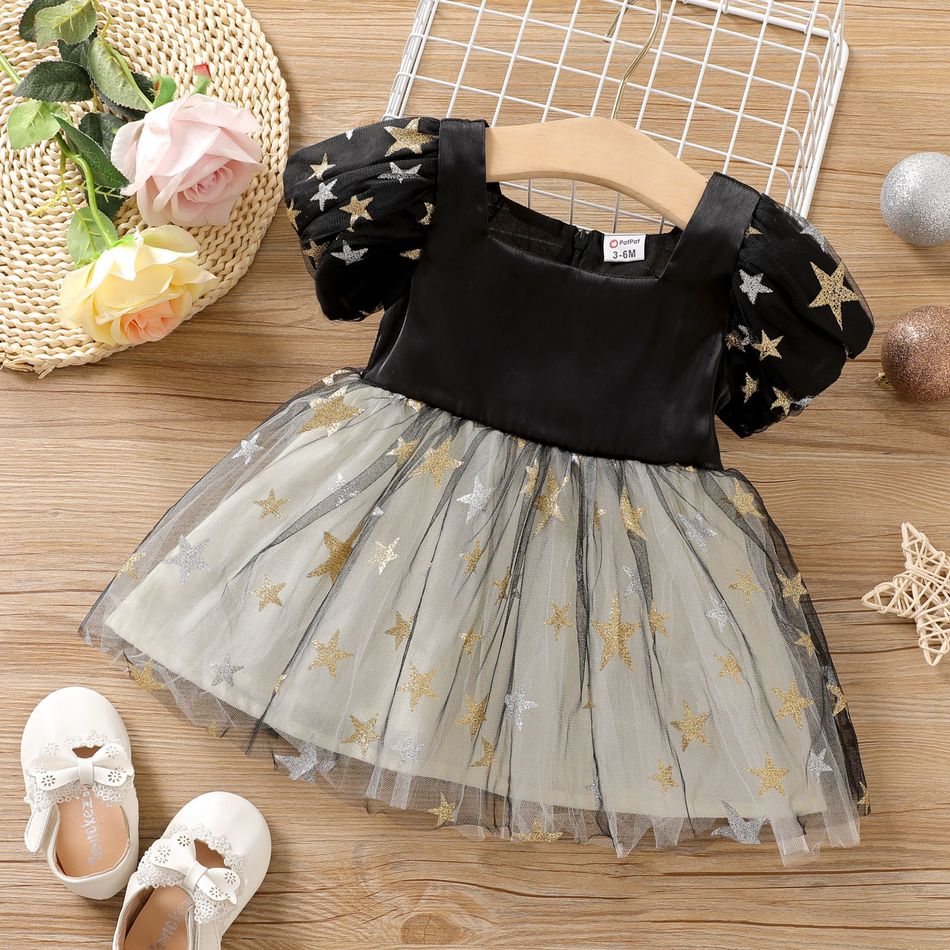 Baby Girl Glitter Stars Mesh Puff-sleeve Square Neck Princess Party Dress Black
