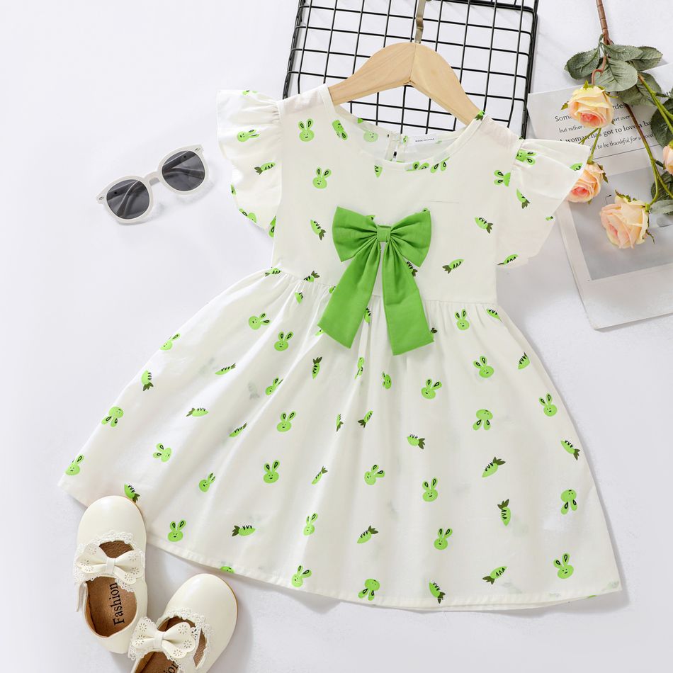 Summer Picnic Toddler Girl Carrot and Bunny Allover Bow Decor Flutter-sleeve Green Dress Green