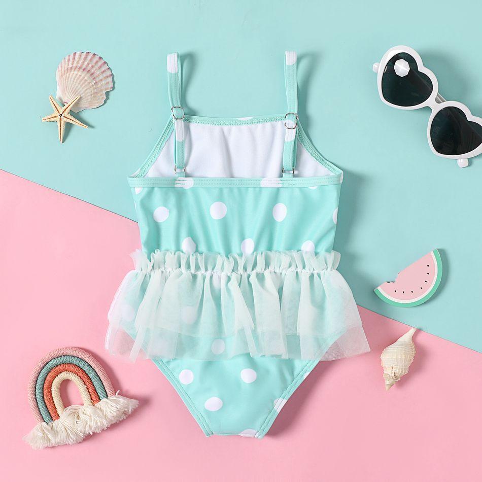 Baby Girl Mesh Splice Polka Dots Spaghetti Strap One-Piece Swimsuit Mint Green big image 2