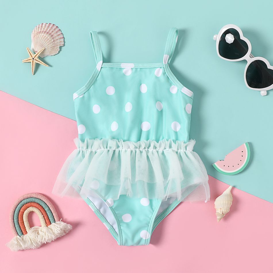 Baby Girl Mesh Splice Polka Dots Spaghetti Strap One-Piece Swimsuit Mint Green big image 1
