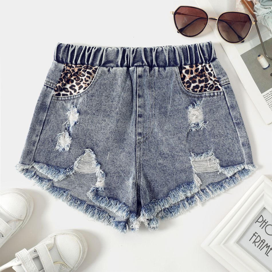 Kid Girl 100% Cotton Leopard Print Raw Edge Ripped Denim Shorts Blue