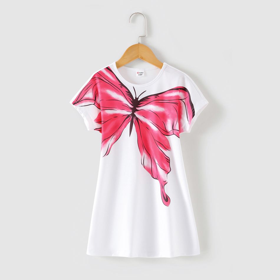 Butterfly Print White Round Neck Short-sleeve Loose-fit T-shirt Dress for Mom and Me ORIGINALWHITE big image 6