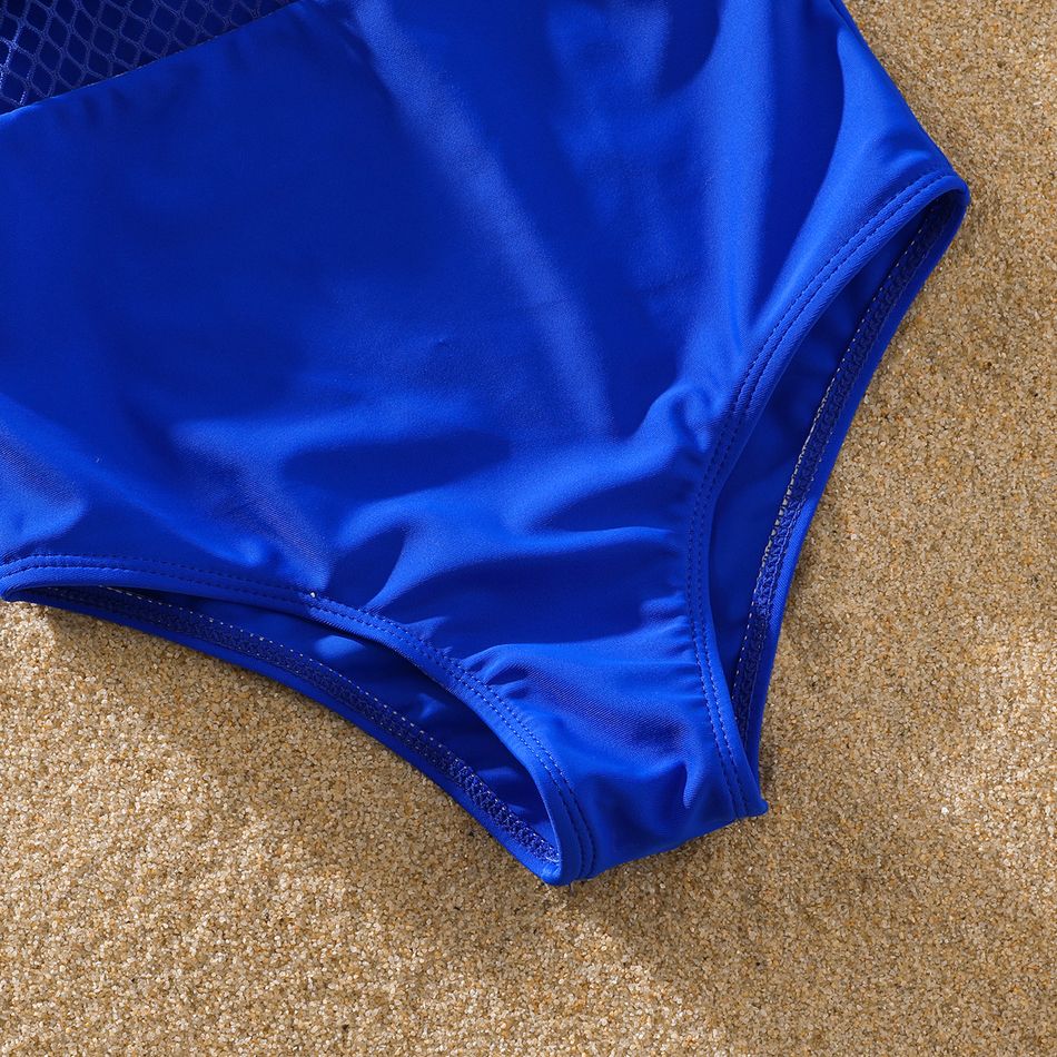 Family Matching Solid Fishnet Spliced One-Piece Swimsuit and Letter Print Swim Trunks Shorts PrussianBlue big image 6