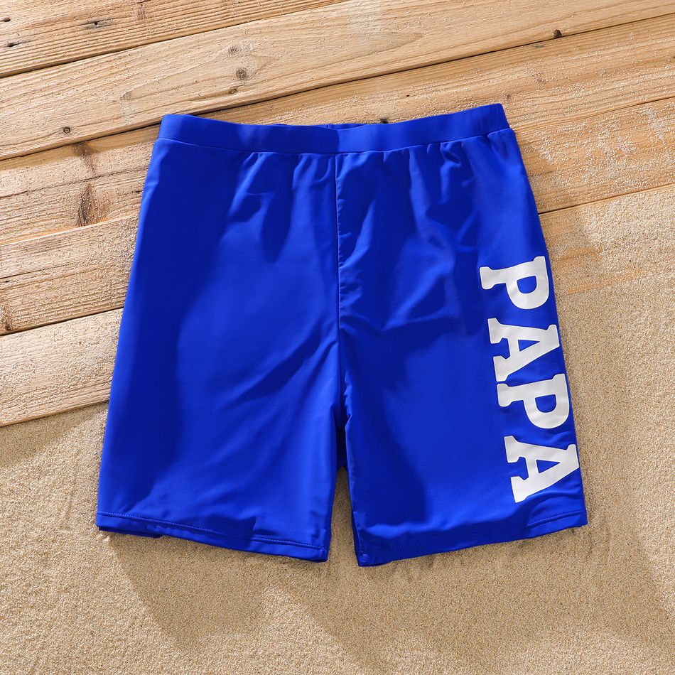 Family Matching Solid Fishnet Spliced One-Piece Swimsuit and Letter Print Swim Trunks Shorts PrussianBlue big image 9