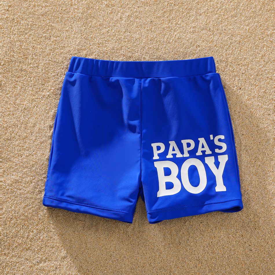 Family Matching Solid Fishnet Spliced One-Piece Swimsuit and Letter Print Swim Trunks Shorts PrussianBlue big image 11