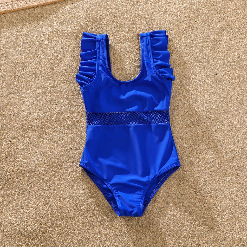Family Matching Solid Fishnet Spliced One-Piece Swimsuit and Letter Print Swim Trunks Shorts PrussianBlue big image 7