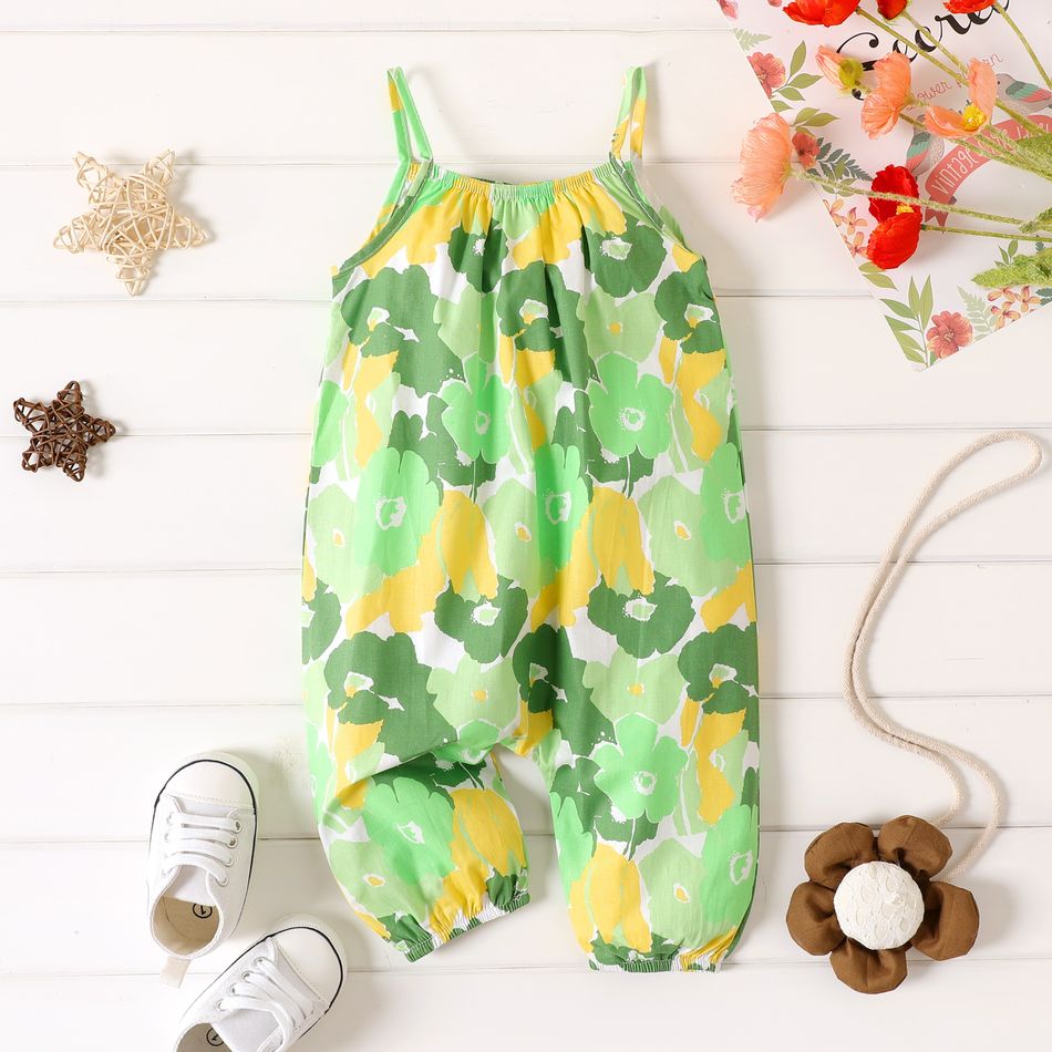 100% Cotton Baby Girl All Over Floral Print Cami Jumpsuit Light Green big image 1