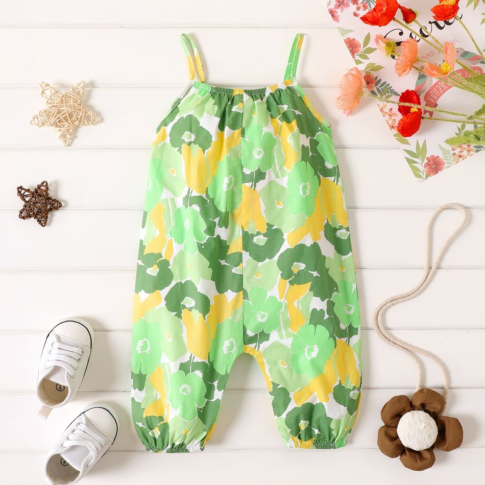 100% Cotton Baby Girl All Over Floral Print Cami Jumpsuit Light Green big image 3