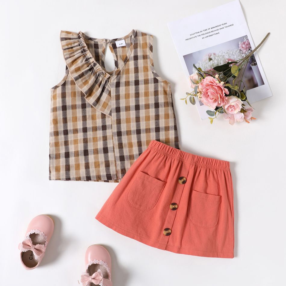 Mini Lady Toddler Girl 2pcs 100% Cotton Plaid Print Ruffle Decor Sleeveless Brown Tank Top and Solid Pink Skirt Set Brown