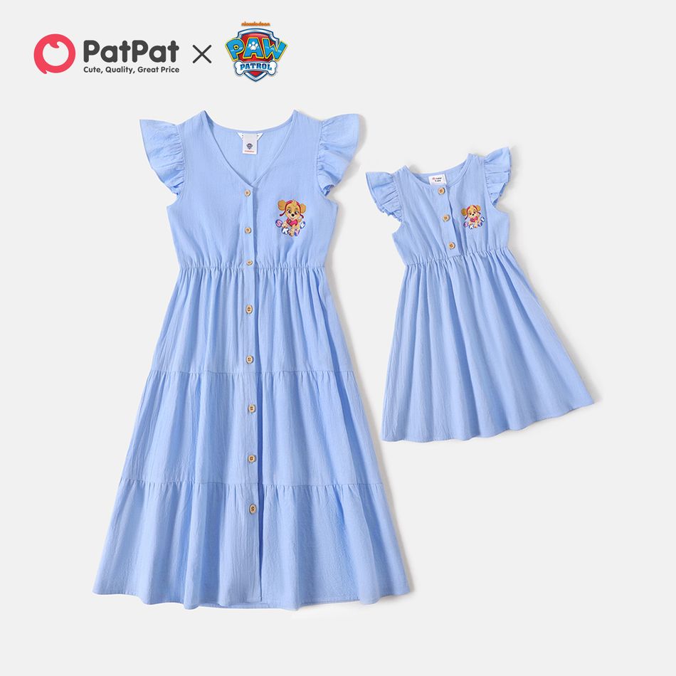 PAW Patrol Family Matching 100% Cotton Front Buttons Flutter-sleeve Mommy and Me Dress Blue