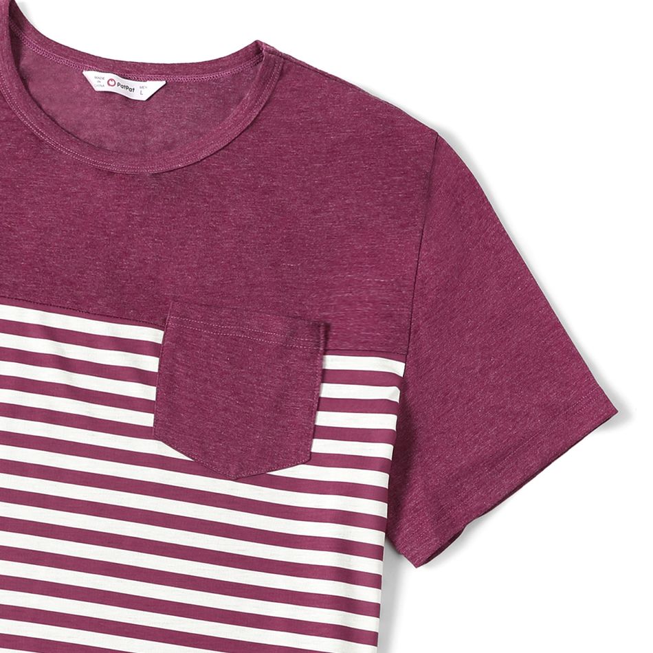 Family Matching Solid Tiered Tie Shoulder Cami Dresses and Short-sleeve Striped Spliced T-shirts Sets Purple big image 13