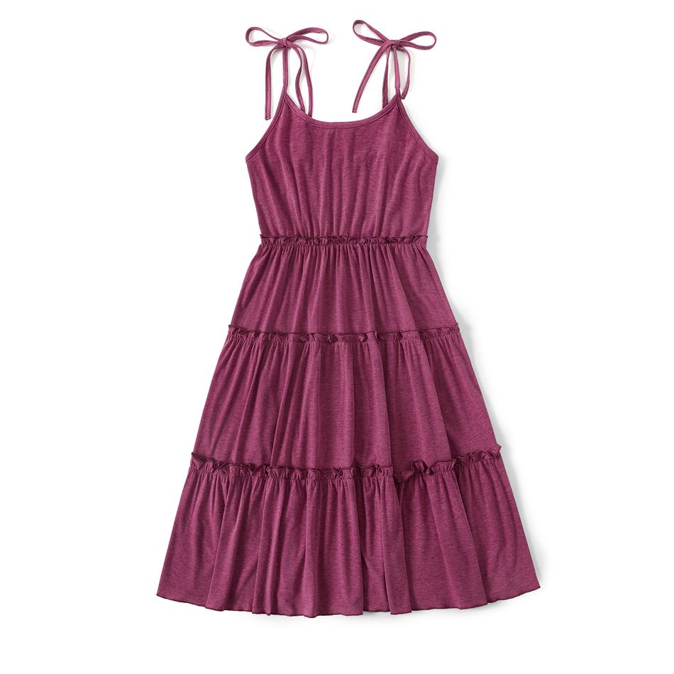 Family Matching Solid Tiered Tie Shoulder Cami Dresses and Short-sleeve Striped Spliced T-shirts Sets Purple big image 7