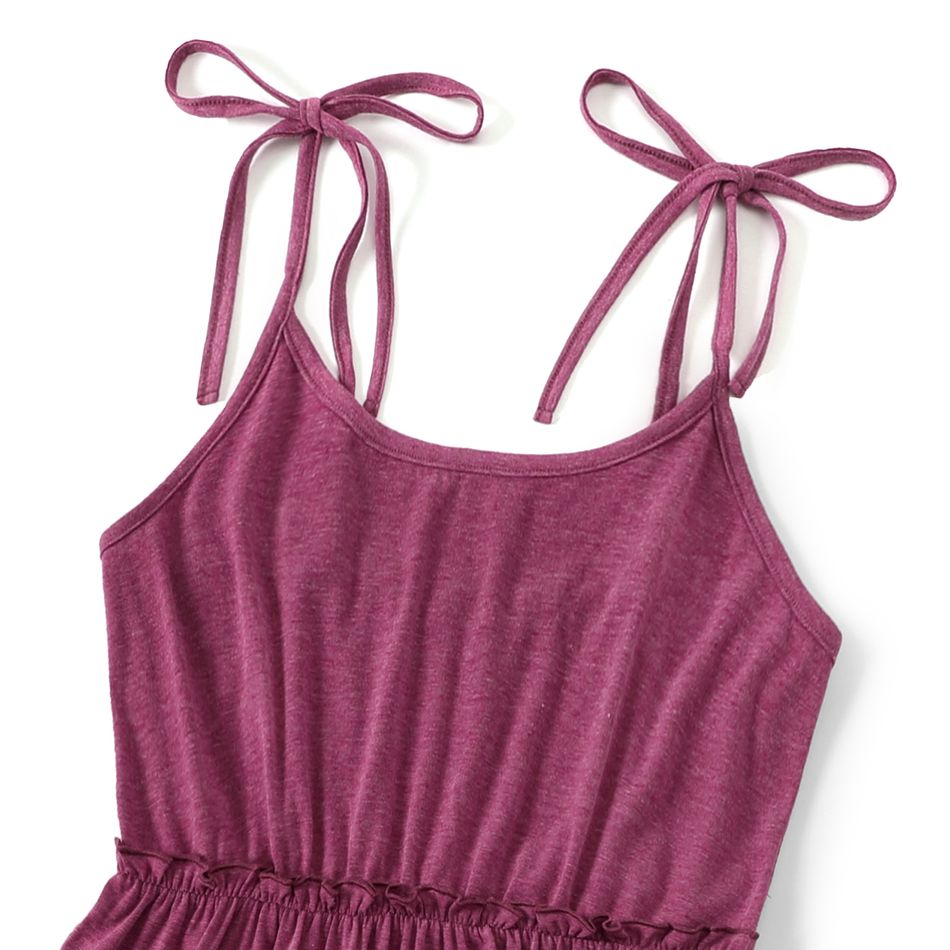 Family Matching Solid Tiered Tie Shoulder Cami Dresses and Short-sleeve Striped Spliced T-shirts Sets Purple big image 5