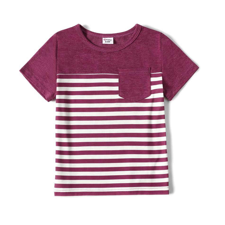 Family Matching Solid Tiered Tie Shoulder Cami Dresses and Short-sleeve Striped Spliced T-shirts Sets Purple big image 9