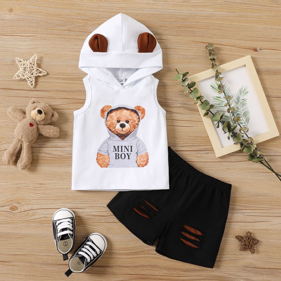 2pcs Baby Boy 95% Cotton Cartoon Bear Print 3D Ears Hooded Tank Top and Ripped Shorts Set Color block