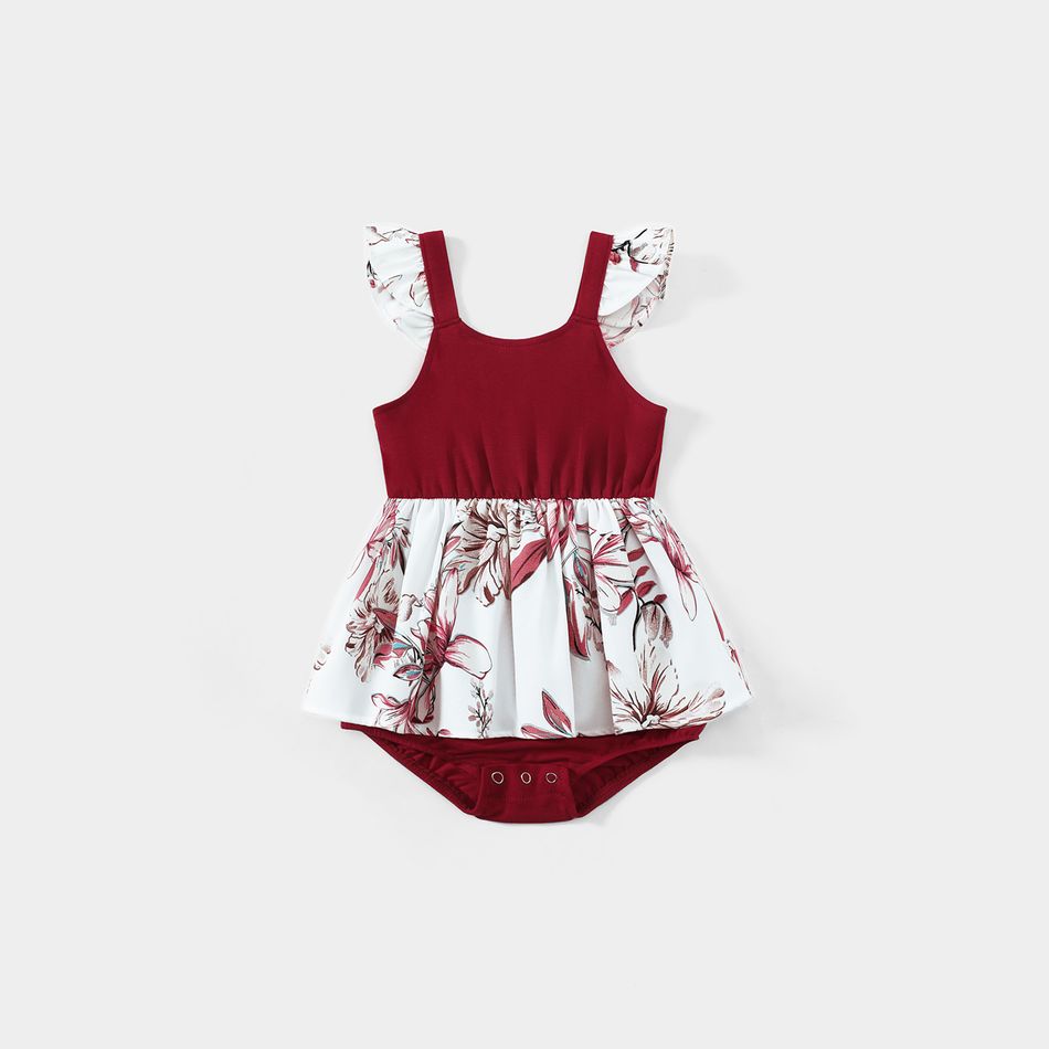 Family Matching Red Splice Floral Print V Neck Ruffle Trim Cami Tops and Short-sleeve T-shirts Sets WineRed big image 8