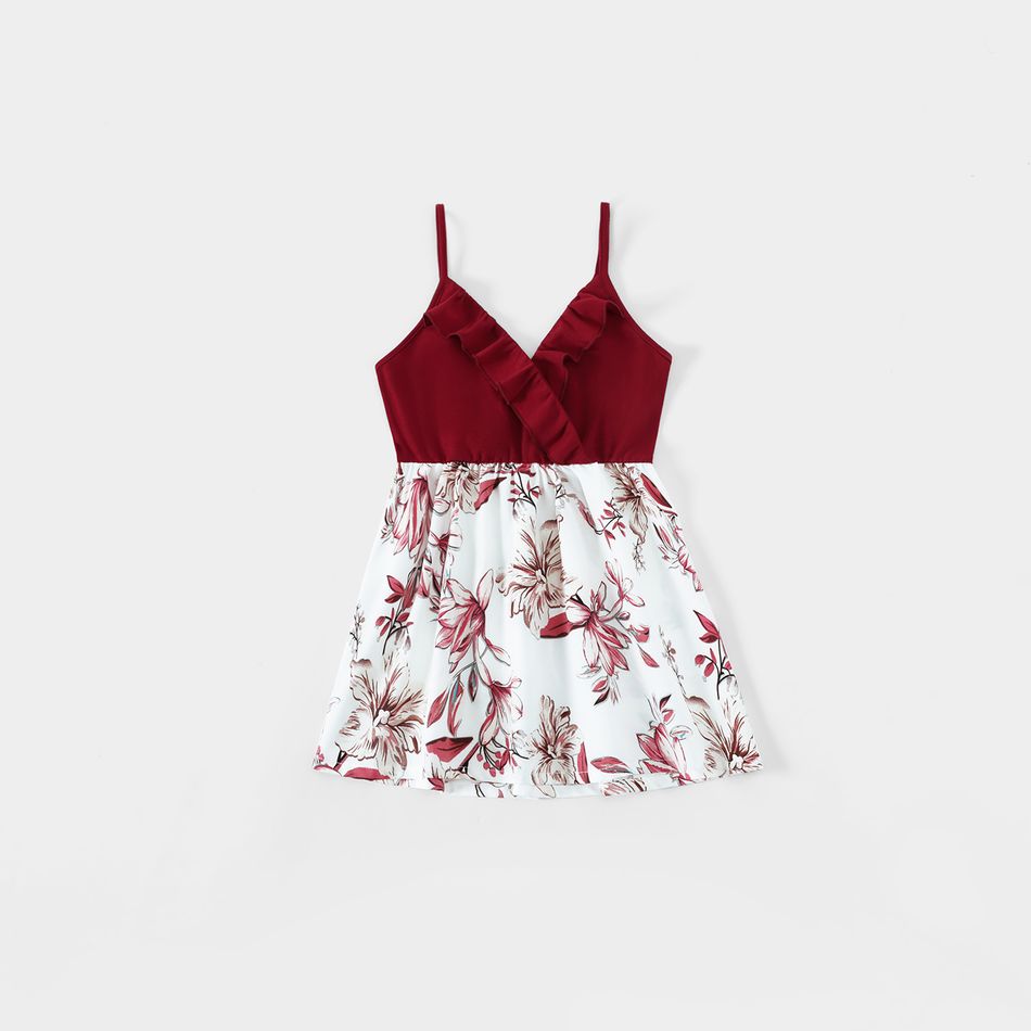 Family Matching Red Splice Floral Print V Neck Ruffle Trim Cami Tops and Short-sleeve T-shirts Sets WineRed big image 6