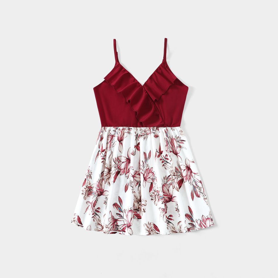 Family Matching Red Splice Floral Print V Neck Ruffle Trim Cami Tops and Short-sleeve T-shirts Sets WineRed big image 2