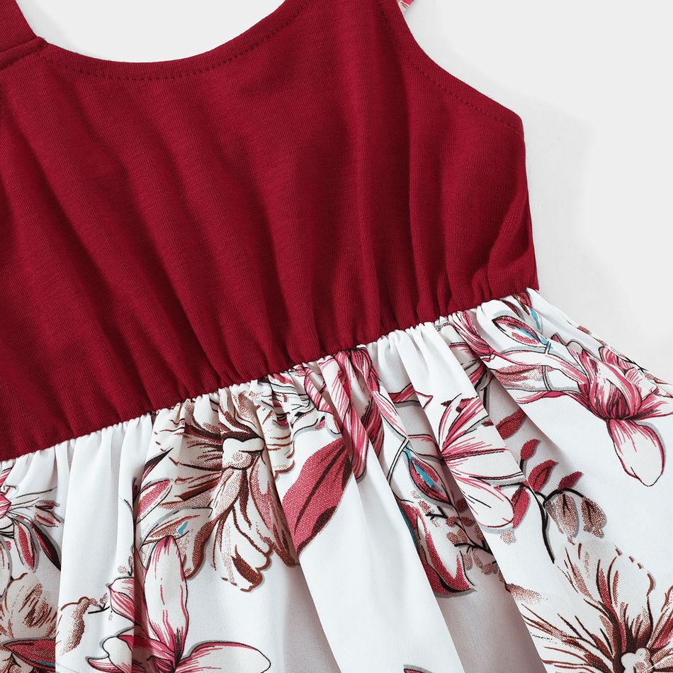Family Matching Red Splice Floral Print V Neck Ruffle Trim Cami Tops and Short-sleeve T-shirts Sets WineRed big image 9