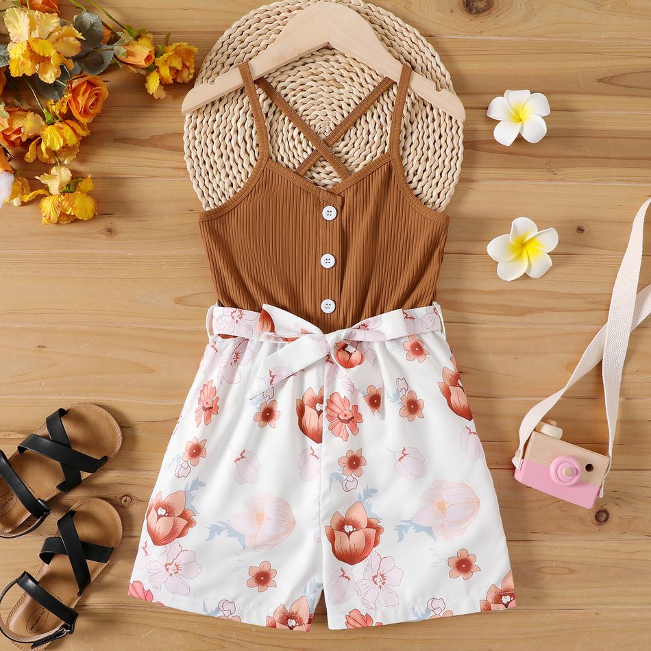 Kid Girl Floral Print Ribbed Button Design Belted Cami Rompers Caramel