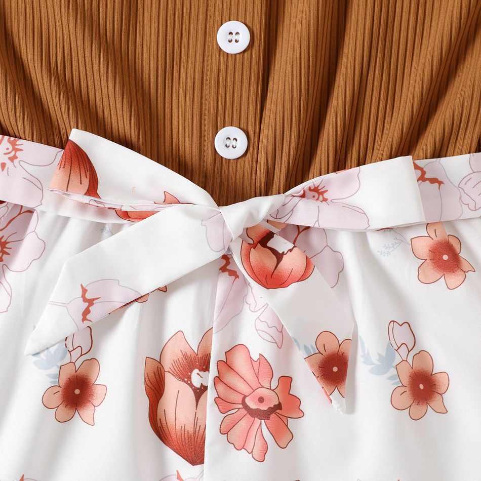 Kid Girl Floral Print Ribbed Button Design Belted Cami Rompers Caramel big image 5