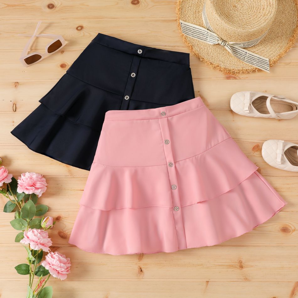 Kid Girl Solid Color Button Design Layered Skirt Pink big image 2