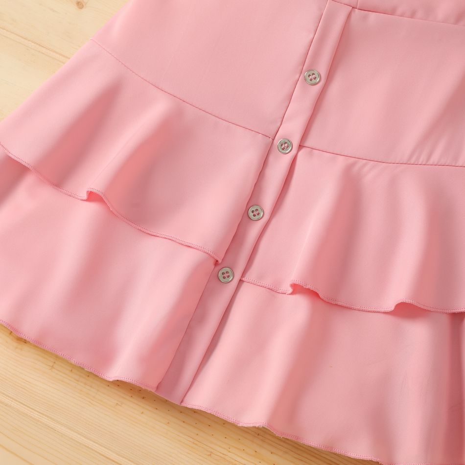 Kid Girl Solid Color Button Design Layered Skirt Pink big image 5