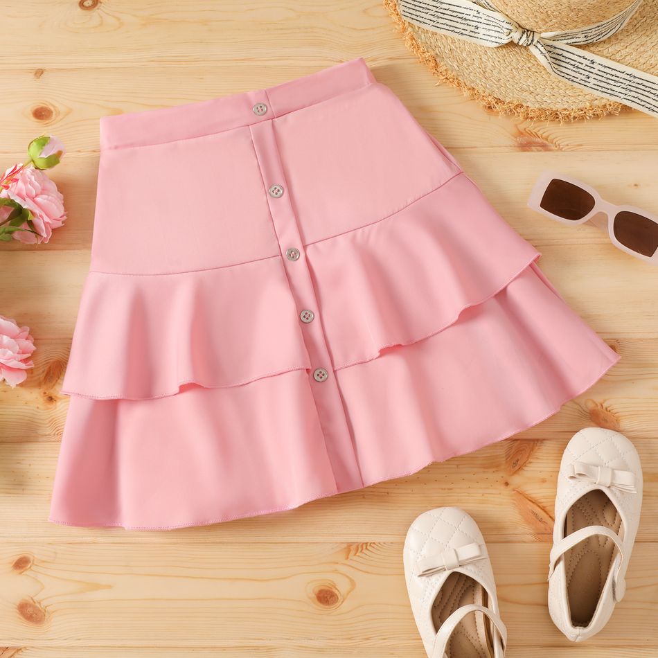 Kid Girl Solid Color Button Design Layered Skirt Pink big image 1