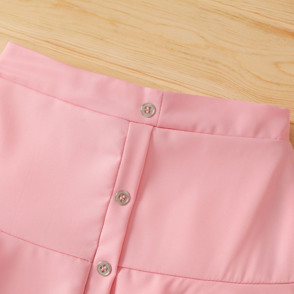 Kid Girl Solid Color Button Design Layered Skirt Pink big image 4