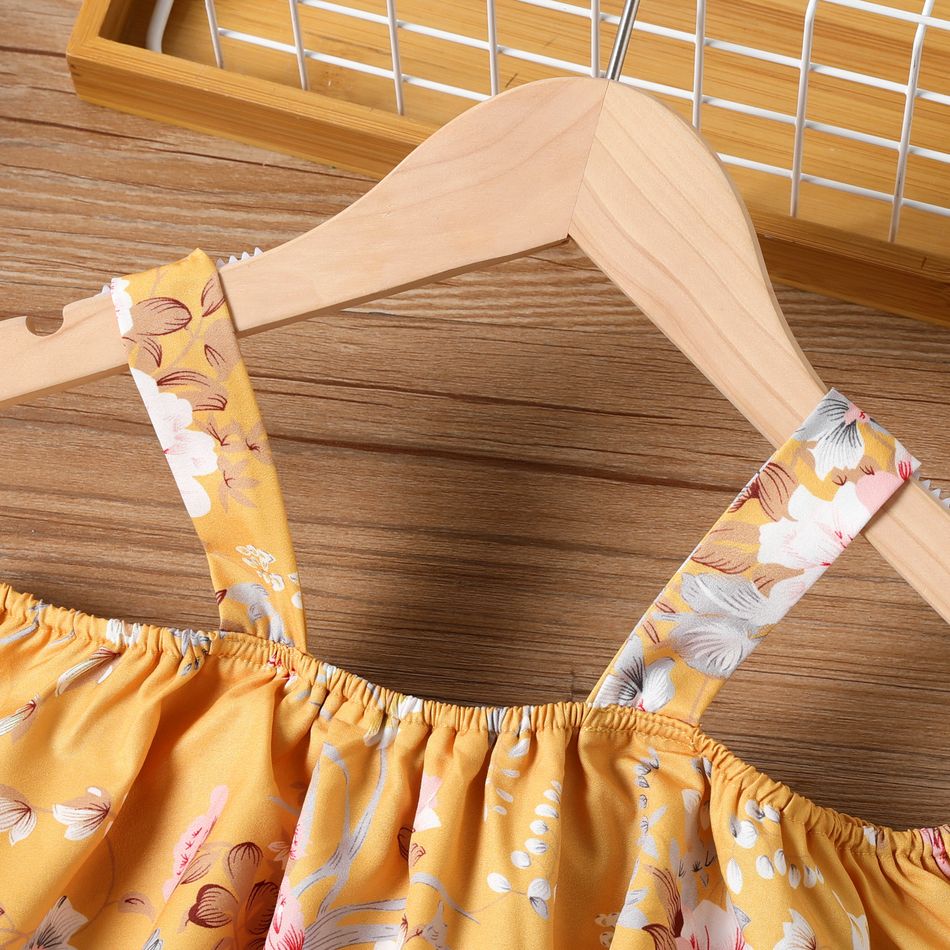 Kid Girl Floral Print Flounce Off Shoulder Slip Dress Yellow big image 3