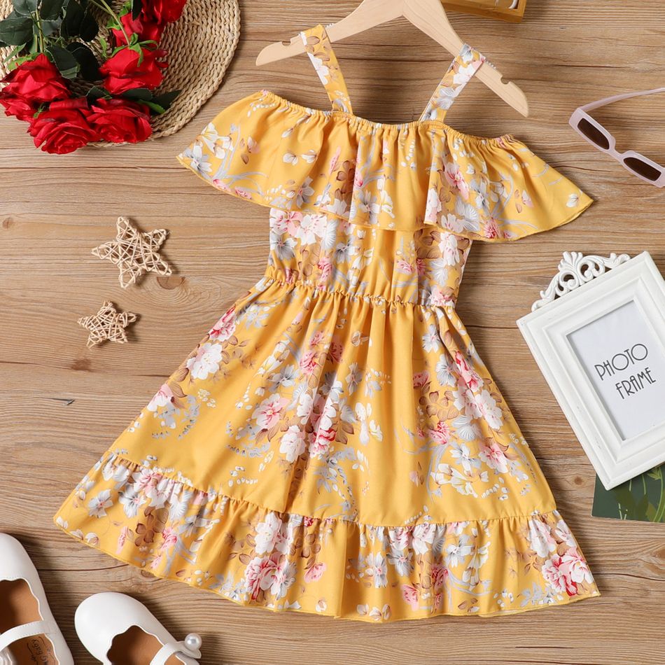 Kid Girl Floral Print Flounce Off Shoulder Slip Dress Yellow