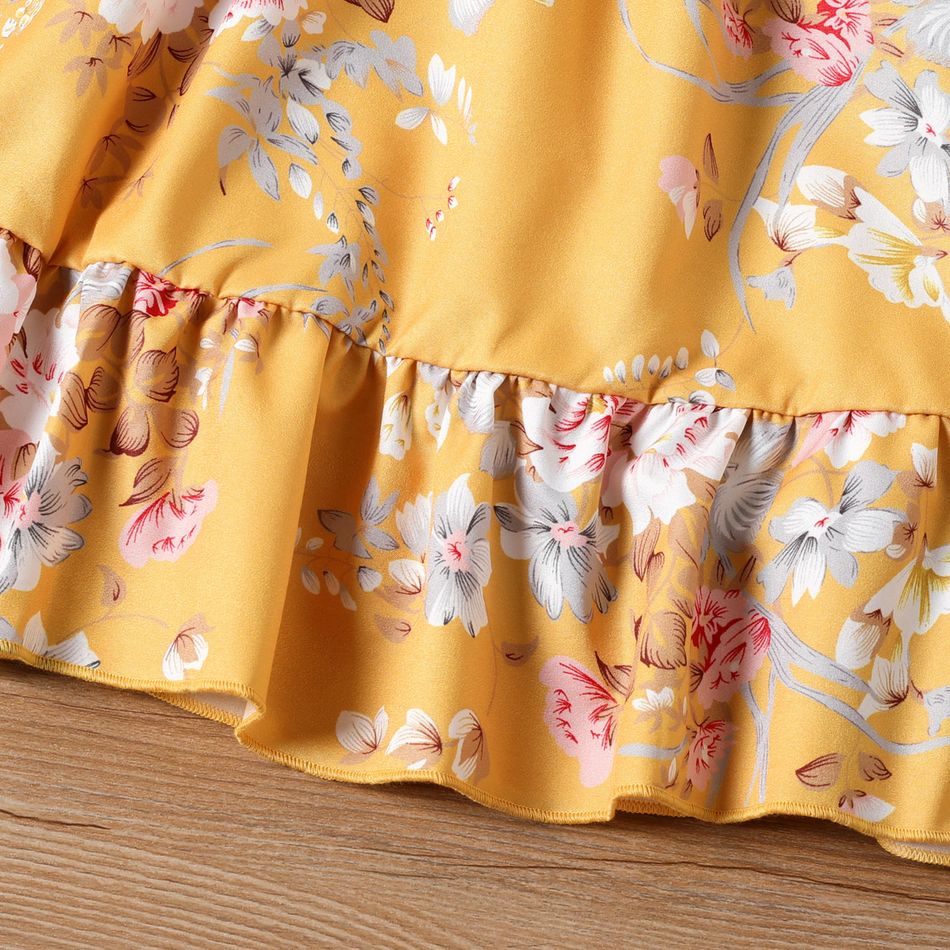 Kid Girl Floral Print Flounce Off Shoulder Slip Dress Yellow