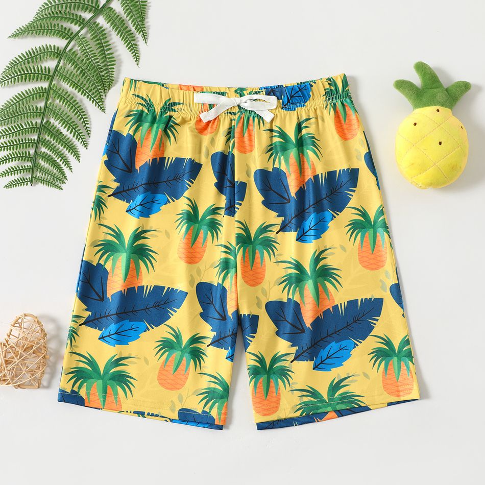 Kid Boy Floral Leaf Pineapple Print Elasticized Shorts Yellow big image 1