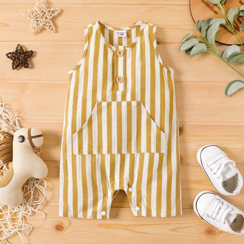 Baby Boy Button Front Striped Tank Romper with Pocket yellowwhite big image 1