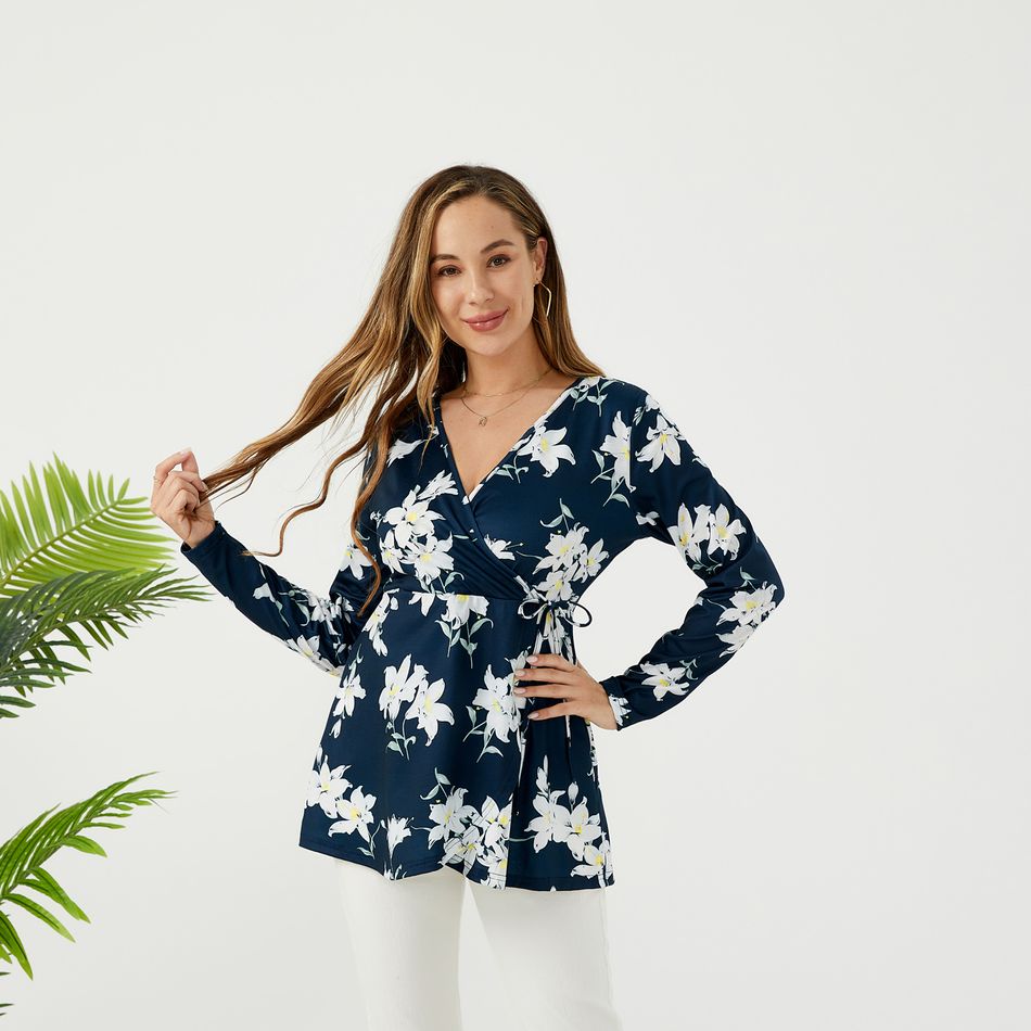 Nursing Allover Floral Print Lace Up Long-sleeve Top MAINCOLOR