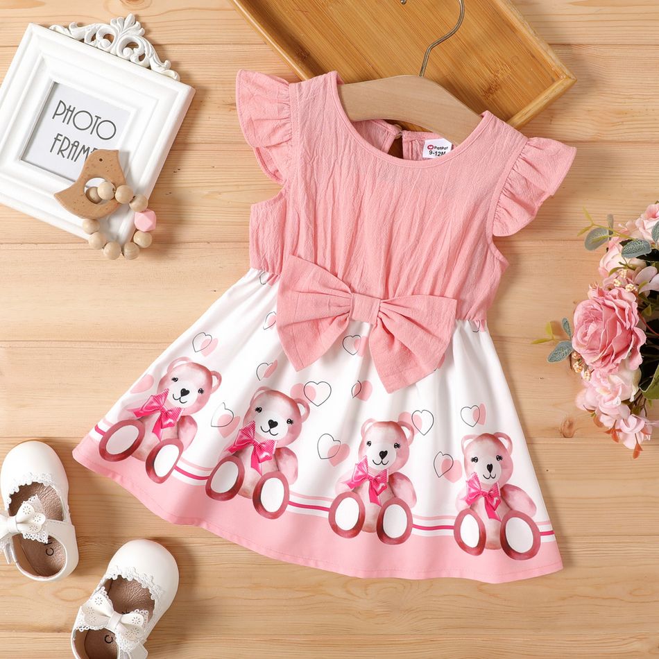 Baby Girl 100% Cotton Flutter-sleeve Bow Front Cartoon Bear Print Dress Pink