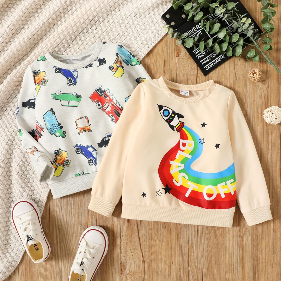 Toddler Boy Rocket Letter Rainbow/Vehicle Print Pullover Sweatshirt Beige big image 2