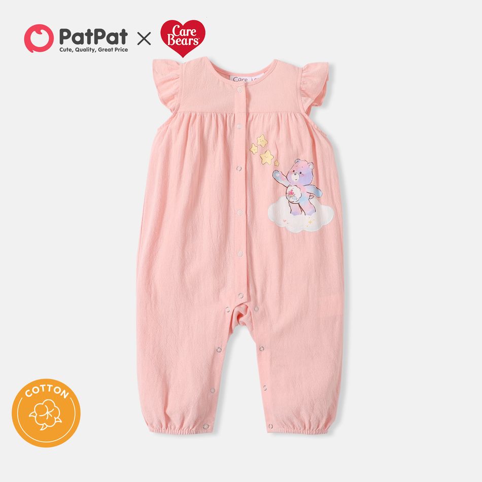 Care Bears 100% Cotton Baby Girl Cartoon Animal Print Flutter-sleeve Snap Jumpsuit Light Pink