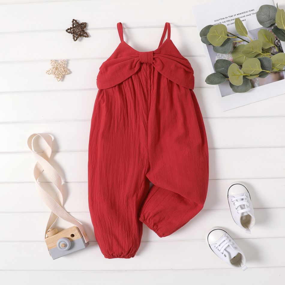 100% Cotton Baby Girl Knot Front Solid Cami Overalls Red-2 big image 2