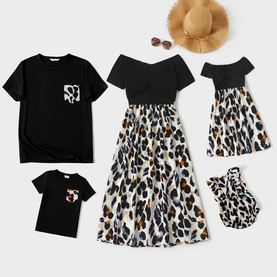 Family Matching Black Splice Leopard Off Shoulder Crisscross Front Short-sleeve Dresses and T-shirts Sets Black