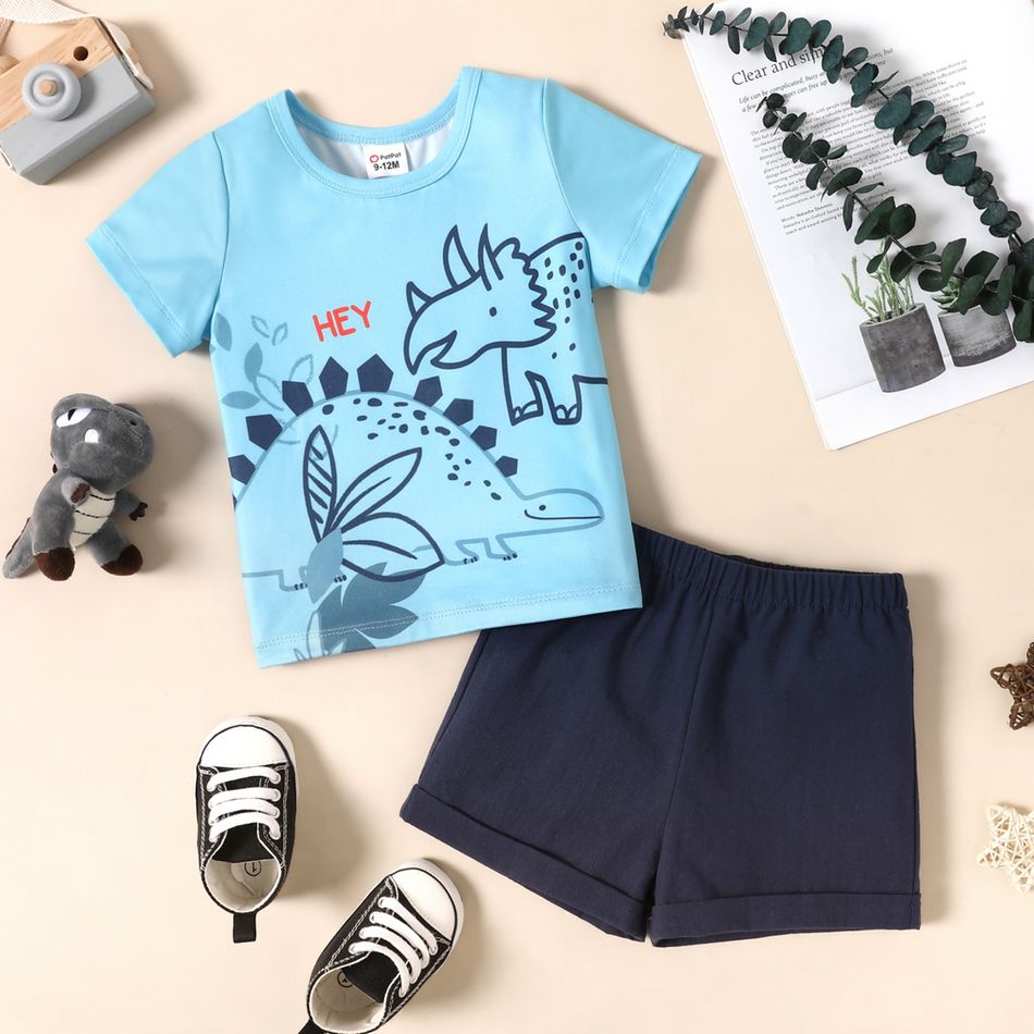 2pcs Baby Boy 100% Cotton Shorts and Cartoon Dinosaur Print Short-sleeve T-shirt Set Color block big image 1