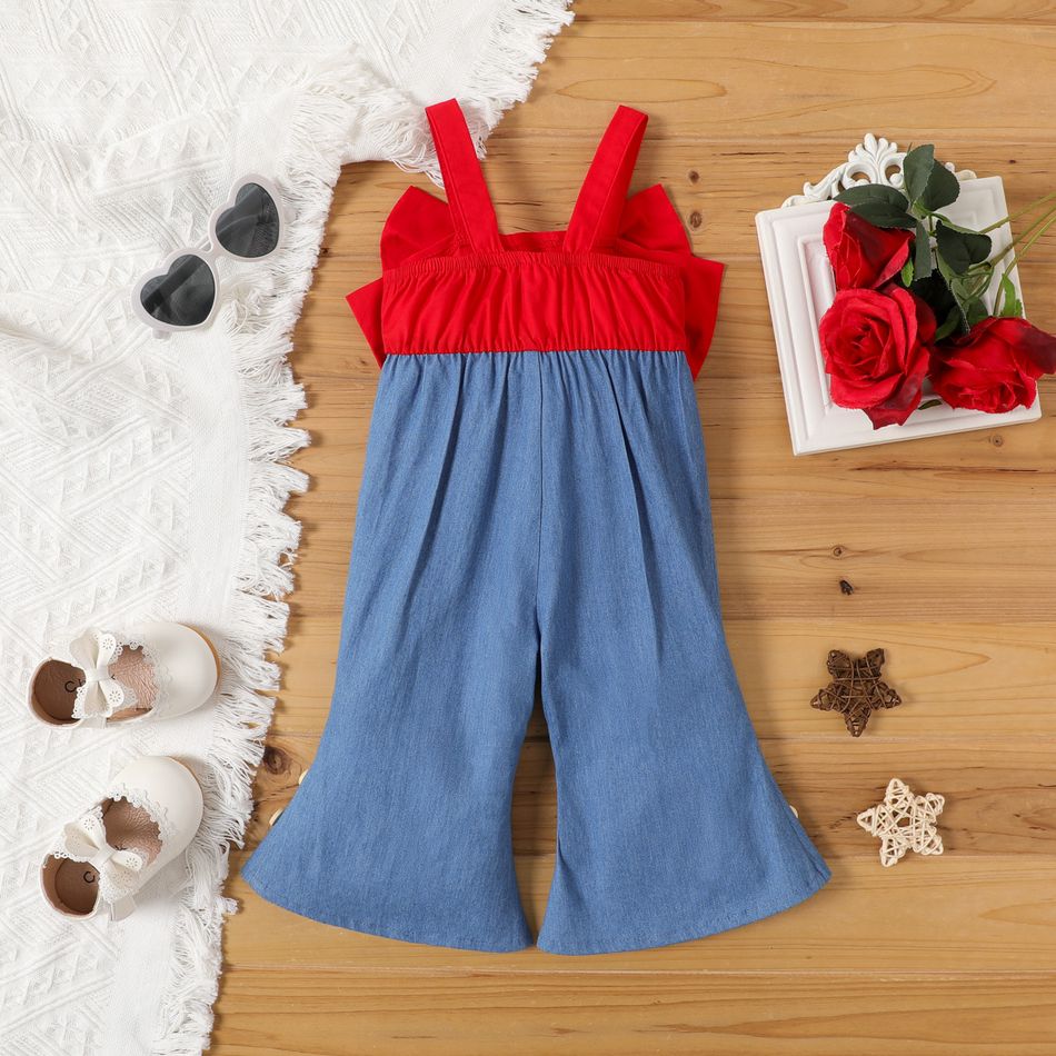 Baby Girl 100% Cotton Bow Front Spliced Bell Bottom Cami Jumpsuit Color block big image 2