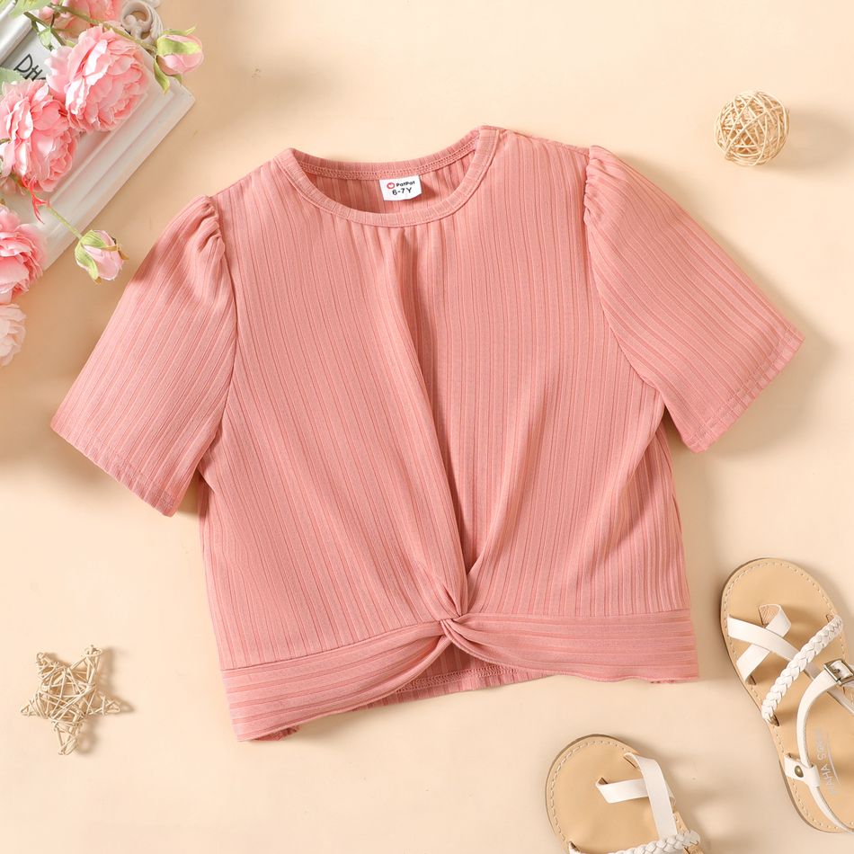 Kid Girl Solid Color Ribbed Twist Knot Short-sleeve Tee Pink