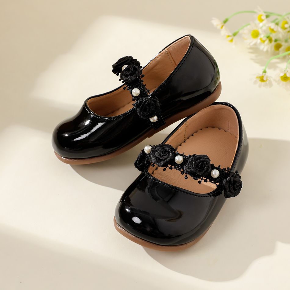 Toddler / Kid Faux Pearl Floral Decor Black Mary Jane Shoes Black