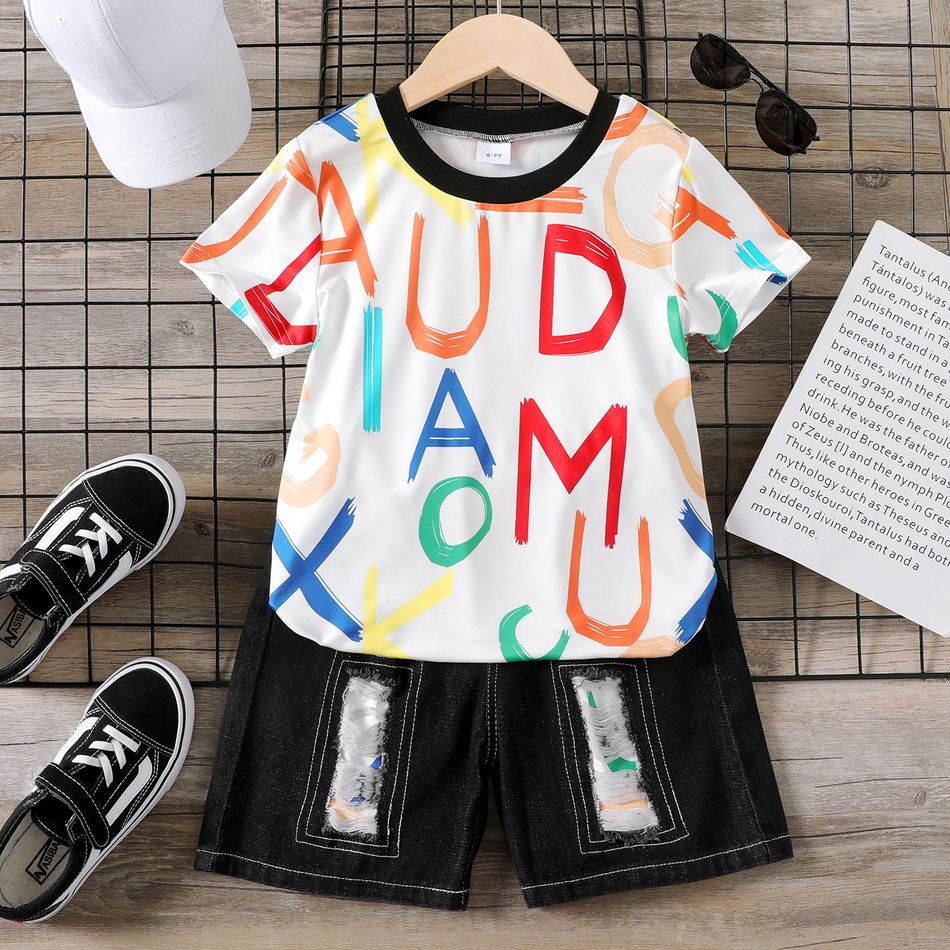 2pcs Kid Boy Colorful Letter Print Short-sleeve Tee and Ripped Denim Patchwork Shorts Set White
